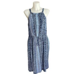 Joan Vass Blue Aztec Print Halter Swing‎ Dress, Cut Back Detail sz large NEW!